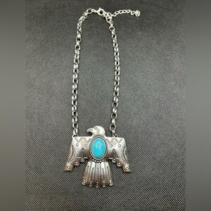 Silver tone Thunderbird Pendant Necklace with Turquoise Accent